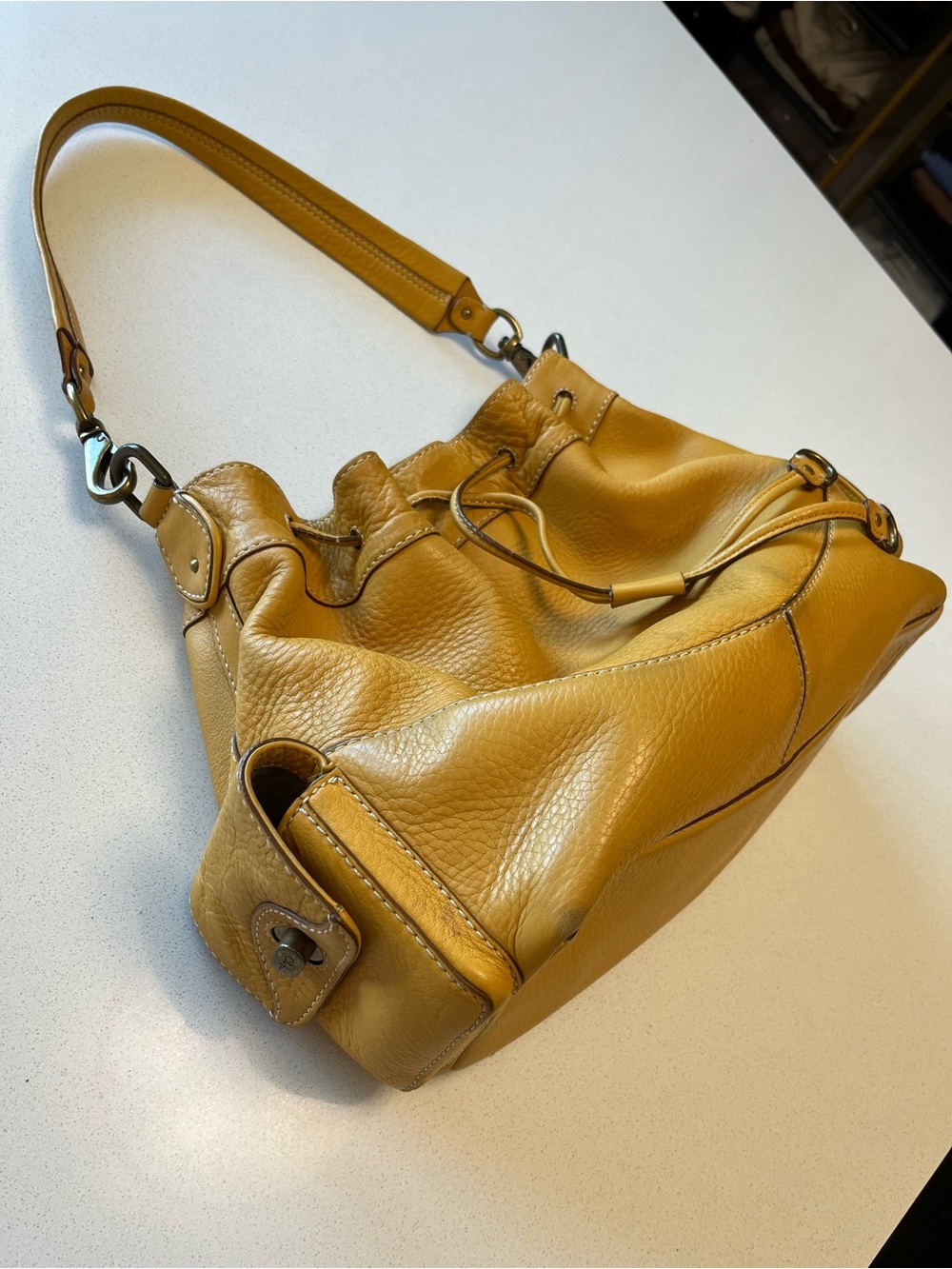 Cole Haan Mustard Leather Drawstring Shoulder Bag - Picture 2 of 14